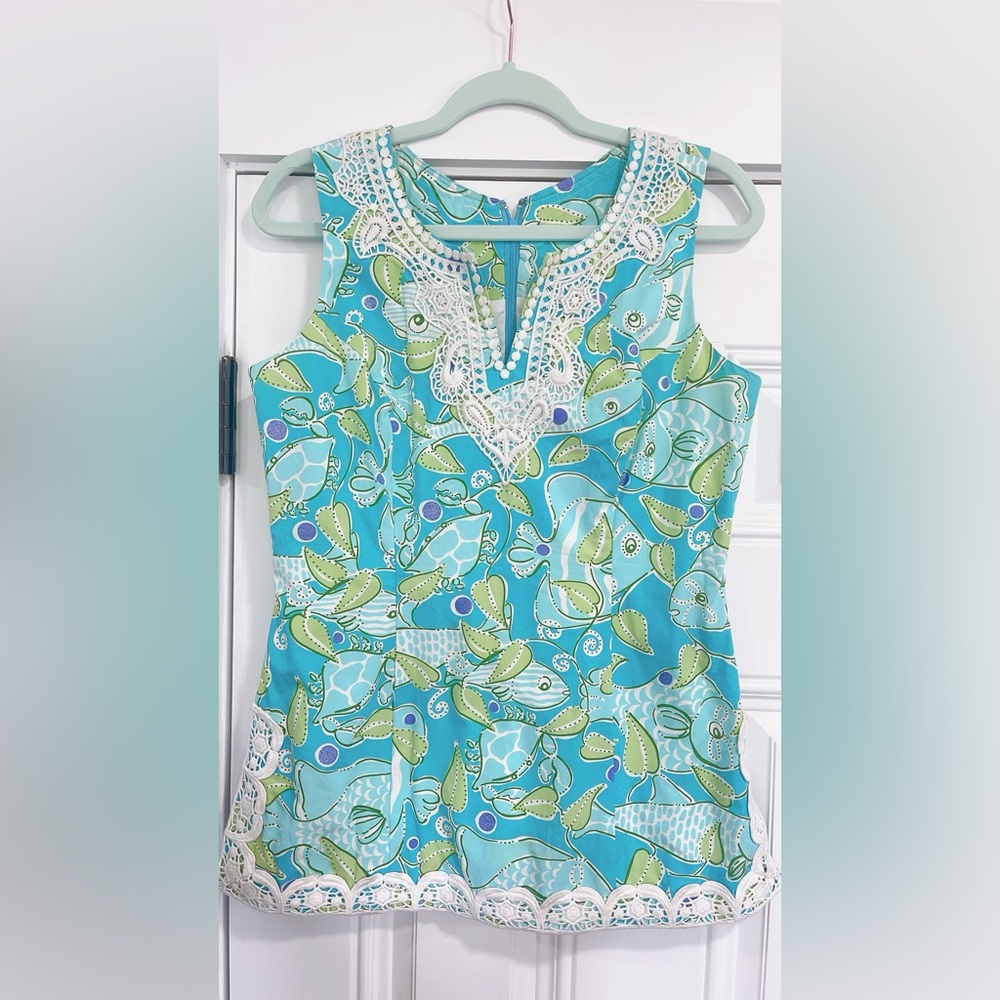 Vintage 90s Lilly Pulitzer Sz 8 Dressy Sleeveless Blue Green Atlantis Fish print